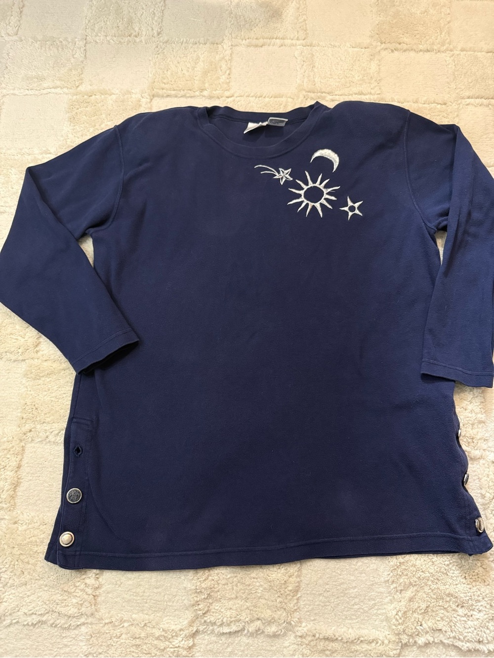 VTG Navy Blue Celestial Sweatshirt with embroidered Sun and Moon Size L Cotton